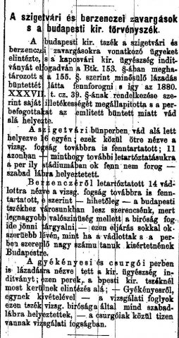 „A szigetvári és a berzencei zavargások s a budapesti kir. törvényszék.” (Forrás: Somogy, 1883. 11. 20. 1. o.)
